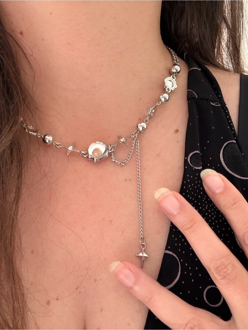Y2k Silver Tone Chain Choker Necklace with Star Drop Charm